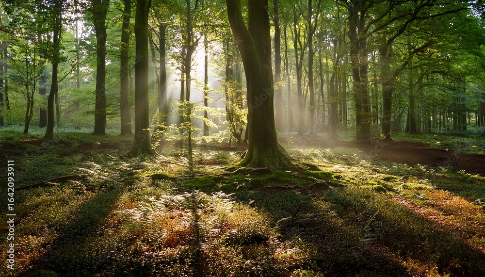 Obraz premium enchanting embrace of english forest where ancient trees dance with whimsical rays of dappled sunlight immersing you serene ambiance that whispers tales of history and tranquility