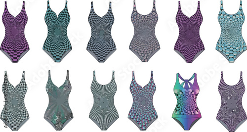 Display of ten one piece swimsuits with various swirling and geometric patterns on a white background