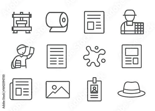 Newspaper Icon Set. Outline icon set of newspaper history: printing press, newspaper roll, old headline,