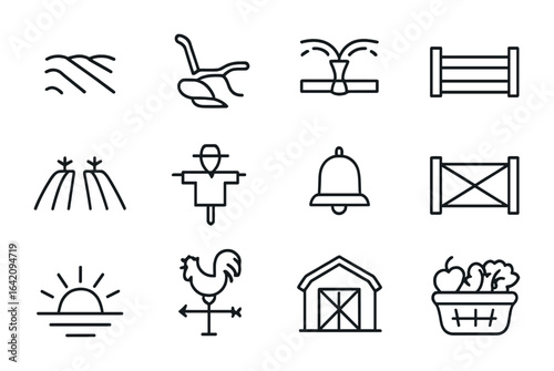 Rural Agriculture Icons. Outline icon set of rural agriculture: tilled soil, plow, irrigation pipe, field