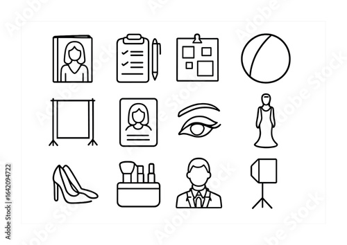 Editorial Photoshoot Icons. Outline icon set of editorial photoshoots: fashion magazine, stylist notes, mood