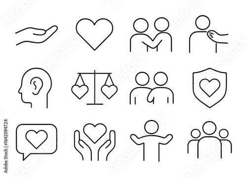Empathy Leadership Icons. Outline icon set of empathy in leadership: supportive hand, heart icon,