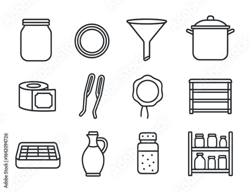 Preservation Icon Set. Outline icon set of preserving the harvest: canning jar, mason lid, funnel, boiling pot