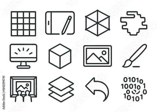 Digital Art Icons. Outline icon set of Digital Art Evolution: pixel grid, tablet pen, 3D model, glitch shape,