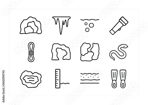 Underwater Cave Icons. Outline icon set of underwater cave systems: cave mouth, stalactite, air pocket,