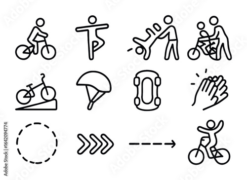 Learning Skills Icons. Outline icon set of learning physical skills: pedal push, balancing pose, falling