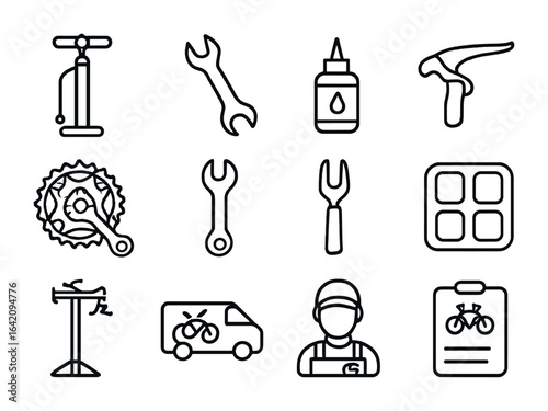 Bike Repair Icons. Outline icon set of bike repair and maintenance: tire pump, wrench icon, chain oil, brake