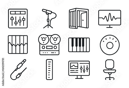 Music Studio Icons. Outline icon set of music studio setup: mixing console, boom mic, vocal booth, waveform