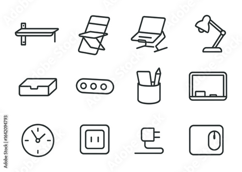 Compact Workspace Icons. Outline icon set of compact workspace: wall desk, folding chair, laptop stand, clip