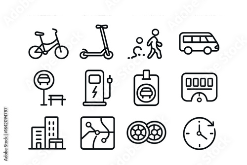 Last-Mile Transport Icons. Outline icon set of last-mile transport: foldable bike, electric scooter, walking