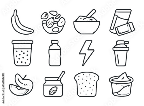 Energy Foods Icon Set. Outline icon set of energy-boosting foods: banana, trail mix, oats bowl, protein bar,