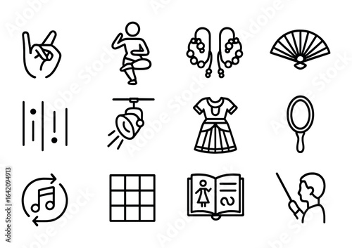 Classical Dance Icon Set. Outline icon set of classical dance training: hand mudras, posture icon, toe bells,