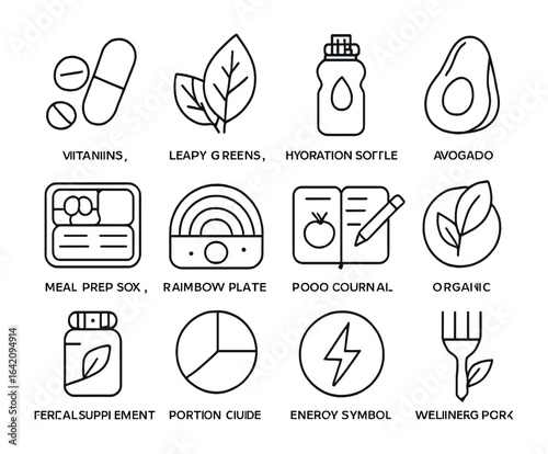 Holistic Nutrition Icons. Outline icon set of holistic nutrition: vitamins, leafy greens, hydration bottle,
