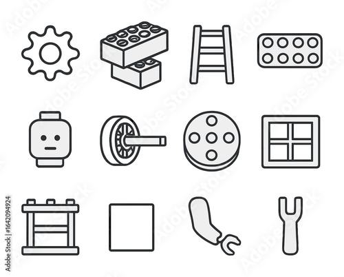 Toy Construction Icons. Outline icon set of toy construction: gear piece, interlocking bricks, mini ladder,