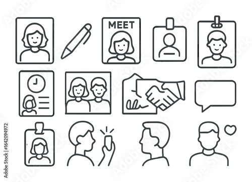 Artist Meet-and-Greet Icons. Outline icon set of artist meet-and-greets: artist portrait, pen for autographs,
