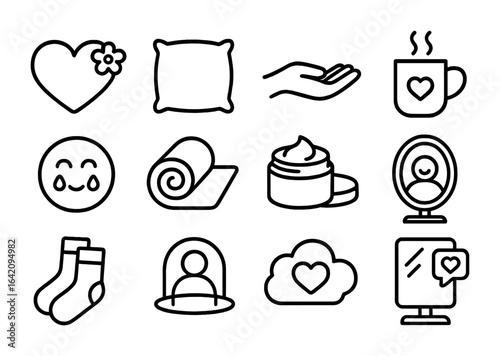 Self-Kindness Icon Set. Outline icon set of self-kindness cues: flower heart, soft pillow, gentle hand,