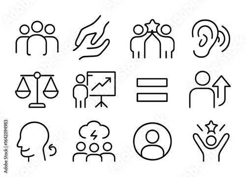 Teamwork Icon Set. Outline icon set of teamwork and respect: group icon, helping hand, shared success,