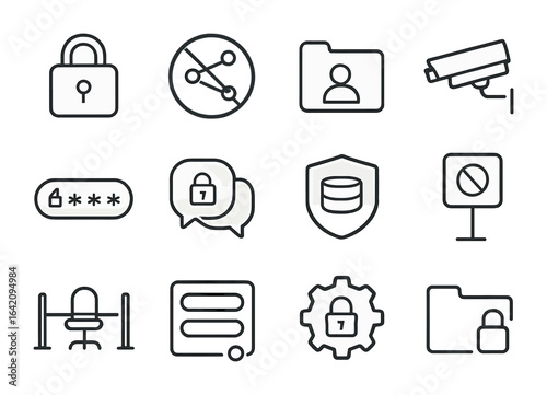 Workplace Privacy Icons. Outline icon set of privacy in the workplace: lock icon, do not share sign, personal