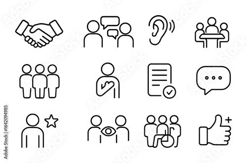 Workplace Respect Icons. Outline icon set of workplace respect: handshake, respectful conversation, listening