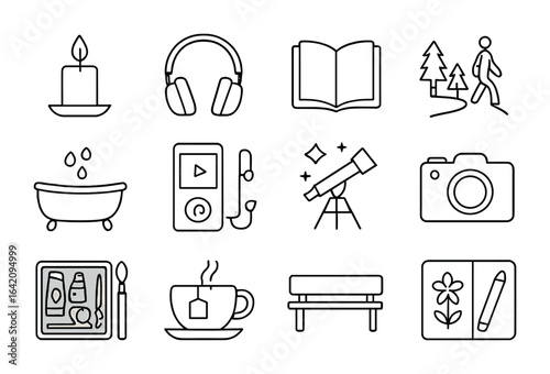 Solo Time Icons. Outline icon set of solo time activities: candle, headphones, open book, forest walk, bath