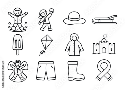 Kids' Weather Icons. Outline icon set of weather for kids: puddle jump, snowball, sun hat, sled, popsicle,