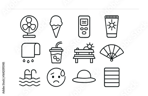 Heatwave Essentials Icons. Outline icon set of heatwave habits: portable fan, ice cream, air conditioner