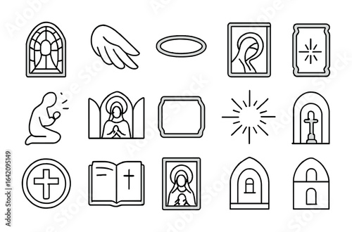 Religious Icon Set. Outline icon set of religious artwork: stained glass window, angel wing, halo icon, sacred