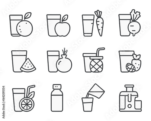 Natural Juice Icon Set. Outline icon set of natural juice options: orange juice, apple juice, carrot juice,