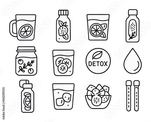 Infused Water Icons. Outline icon set of infused water: lemon water, strawberry mint bottle, orange basil
