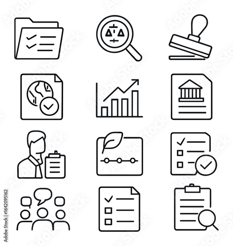 Environmental Law Icons. Outline icon set of environmental impact assessment law: report folder, legal