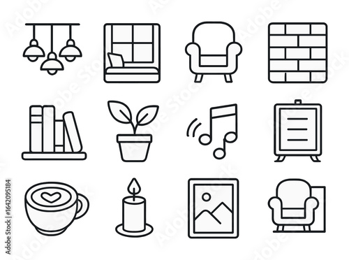 Cozy Cafe Icons. Outline icon set of cozy cafe vibes: hanging lights, window seat, comfy chair, brick wall,