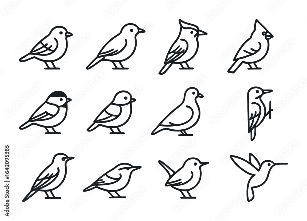 Fototapeta premium Backyard Bird Icons. Outline icon set of common backyard birds: sparrow, robin, blue jay, cardinal, finch,