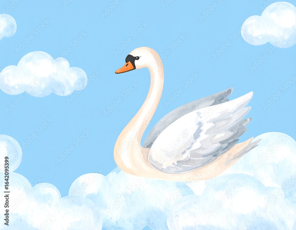 Fototapeta premium A swan in a light sky with clouds