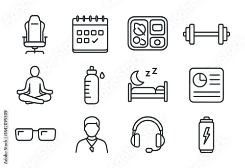 Pro Gamer Essentials. Outline icon set of pro gaming lifestyle: gaming chair, daily planner, meal prep box,
