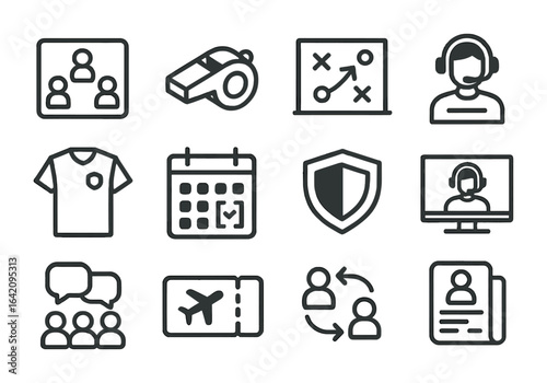 Esports Management Icons. Outline icon set of esports team management: team roster, coach whistle, strategy