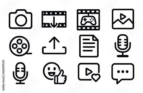 Esports Content Icons. Outline icon set of content creation for esports: camera icon, edit timeline, gaming