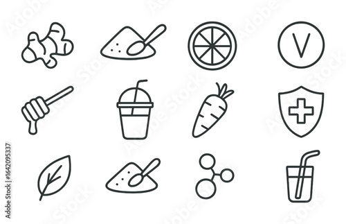 Immunity Smoothie Icons. Outline icon set of immunity-boosting smoothies: ginger root, turmeric powder, citrus