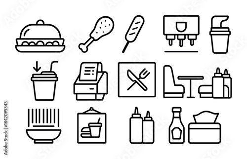 Truck Stop Food Icons. Outline icon set of truck stop food court: buffet tray, fried chicken, corn dog, soda