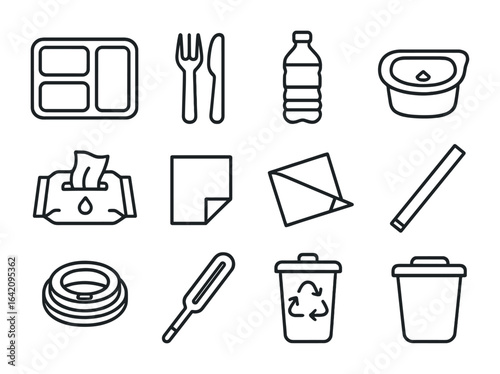 Travel Meal Icon Set. Outline icon set of travel meal accessories: disposable tray, plastic cutlery, sealed