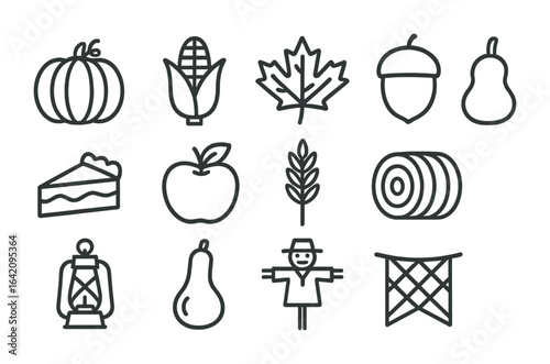 Autumn Harvest Icons. Outline icon set of autumn harvest toppers: pumpkin, corn, maple leaf, acorn, pie slice,
