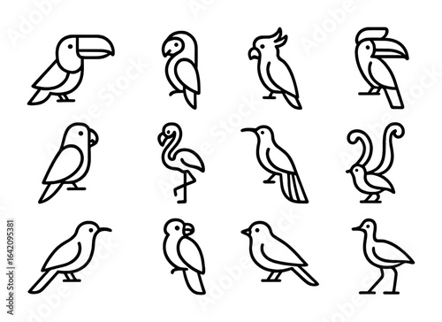Exotic Birds Icon Set. Outline icon set of exotic bird species: toucan, macaw, cockatoo, hornbill, parrot,