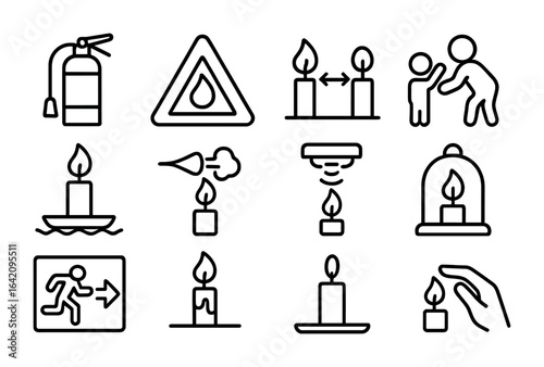 Candle Safety Icons. Outline icon set of candle safety: fire extinguisher, warning label, safe distance,