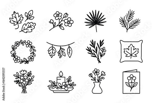 Seasonal Botanical Icons. Outline icon set of seasonal botanical decor: autumn leaves, spring blossom, summer
