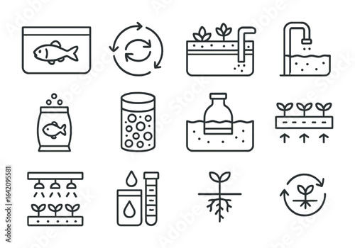 Aquaponics Icon Set. Outline icon set of aquaponics farming: fish tank, water cycle arrows, grow bed, siphon