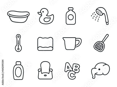 Kids' Bath Time Icons. Outline icon set of kids' bath time: baby tub, duck toy, bubble bottle, gentle spray