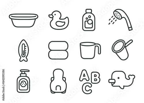 Kids' Bath Time Icons. Outline icon set of kids' bath time: baby tub, duck toy, bubble bottle, gentle spray