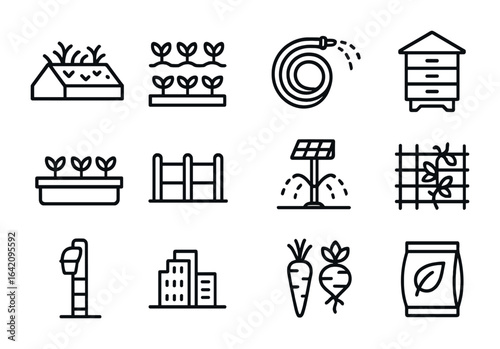 Rooftop Agriculture Icons. Outline icon set of rooftop agriculture: green roof, vegetable row, irrigation hose
