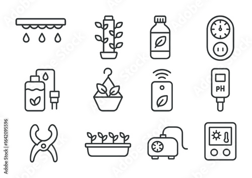 Vertical Farming Icons. Outline icon set of vertical farming: LED grow light, hydroponic tower, nutrient