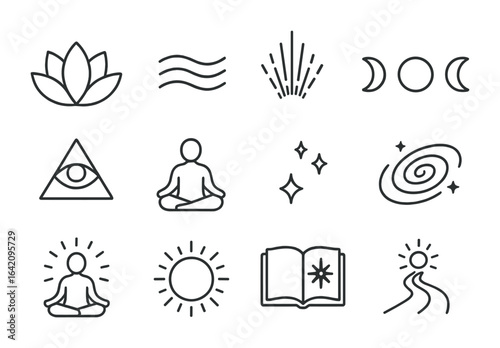 Spiritual Icon Set. Outline icon set of spiritual awakening: lotus icon, calm wave, energy lines, moon phases,