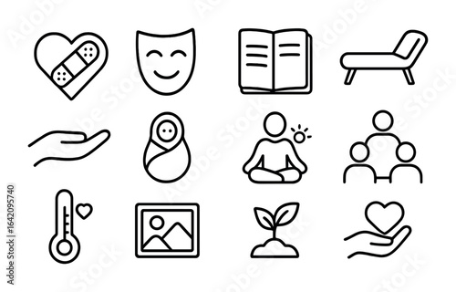 Healing Process Icons. Outline icon set of healing process: heart bandage, smile mask, journal entry, therapy